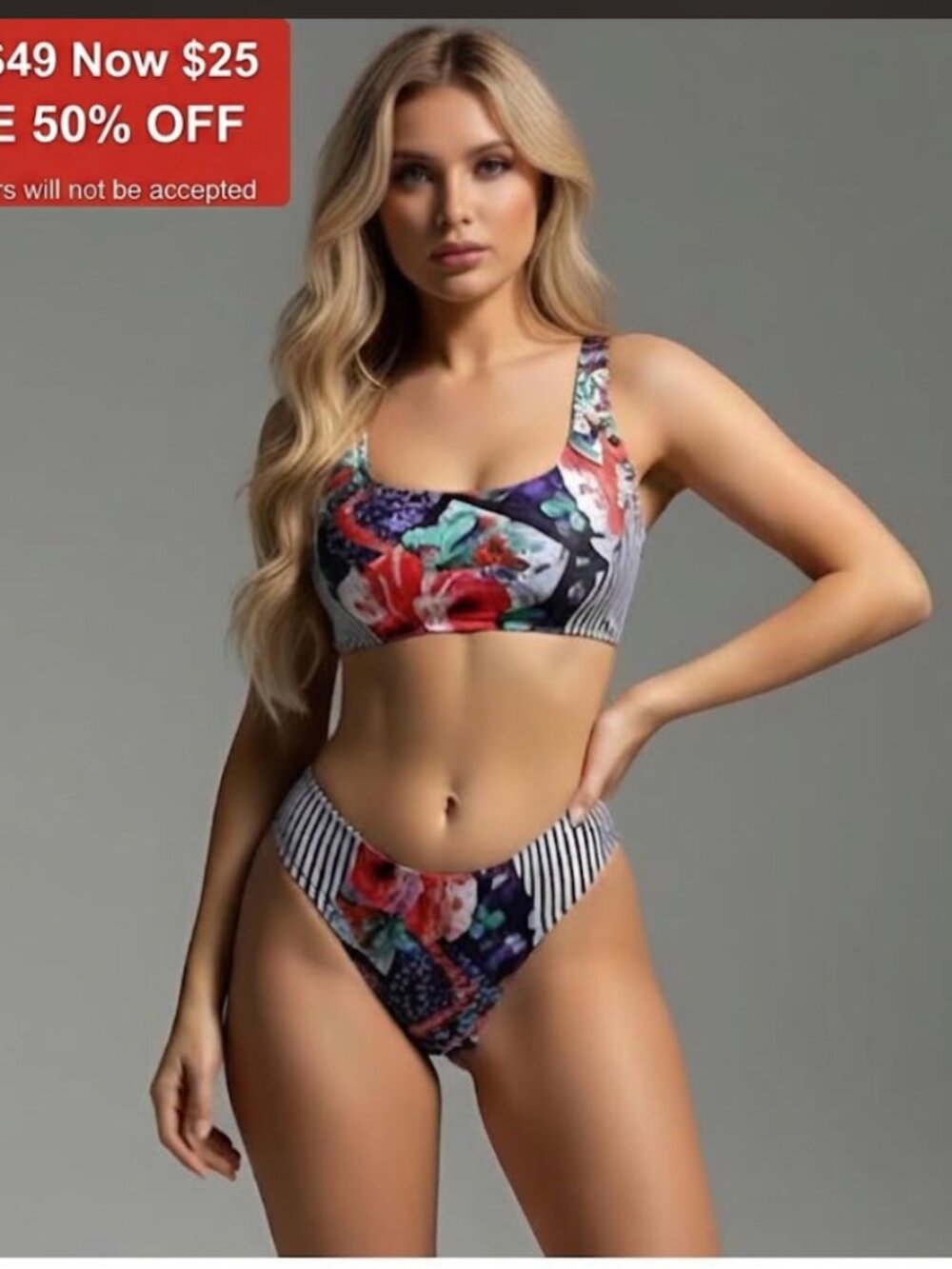 Floral & Striped Print Criss Cross Bikini Swimsuit
